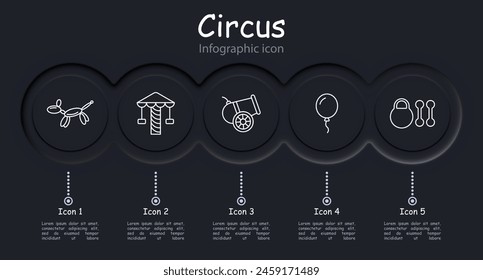 Circus set icon. Infographic, neomorphism, popcorn, clown, tent, ticket, cannon, weight, dumbbell, ball, amusement ride, entertainment, holiday, balloon. Presentation concept.