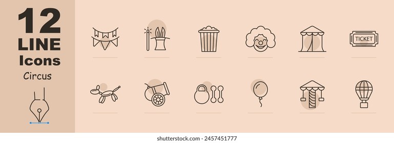 Circus set icon. Magic wand, top hat, bunny ears, popcorn, clown, makeup, wig, red nose, tent, ticket, cannon, weight, dumbbell, ball, amusement ride, balloon. Presentation concept.