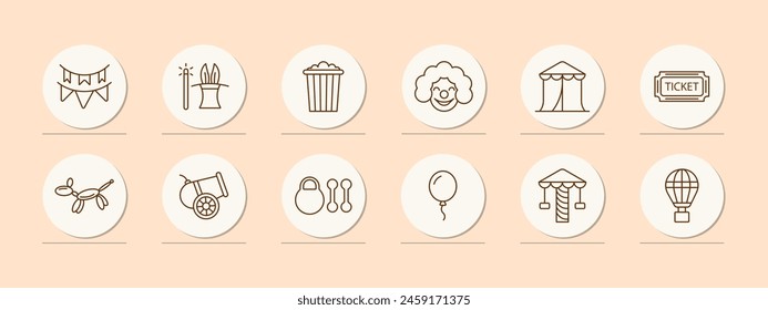 Circus set icon. Magic wand, top hat, bunny ears, popcorn, clown, makeup, wig, red nose, tent, ticket, cannon, weight, dumbbell, ball, amusement ride, balloon. Presentation concept.