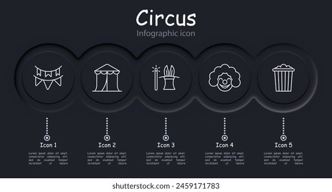 Circus set icon. Magic wand, top hat, bunny ears, popcorn, clown, makeup, wig, red nose, tent, ticket, infographic, amusement ride, balloon. Presentation concept.