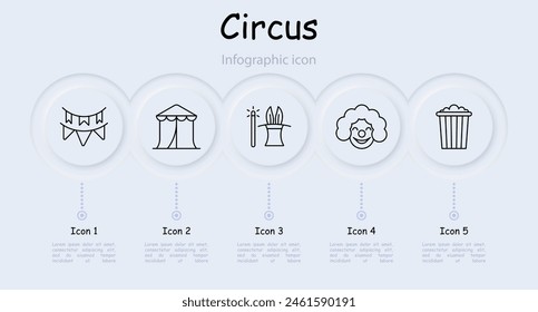 Circus set icon. Magic wand, top hat, bunny ears, popcorn, clown, makeup, wig, red nose, tent, ticket, infographic, amusement ride, balloon. Presentation concept.