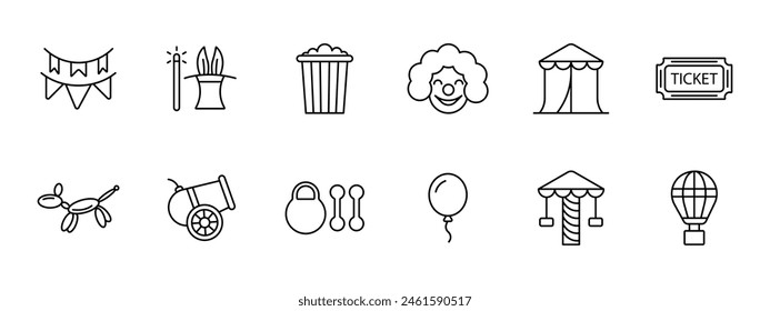 Circus set icon. Magic wand, top hat, bunny ears, popcorn, clown, makeup, wig, red nose, tent, ticket, cannon, weight, dumbbell, ball, amusement ride, balloon. Presentation concept.