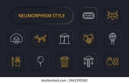 Circus set icon. Magic wand, top hat, bunny ears, popcorn, clown, makeup, wig, red nose, tent, ticket, cannon, weight, dumbbell, ball, amusement ride, balloon, neomorphism. Presentation concept.