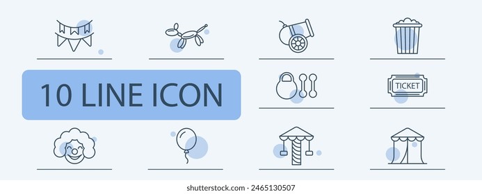 Circus set icon. Magic wand, top hat, bunny ears, popcorn, clown, makeup, wig, red nose, tent, ticket, cannon, weight, dumbbell, ball, amusement ride, balloon. Presentation concept.