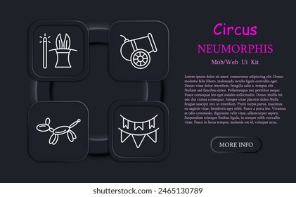 Circus set icon. Magic wand, top hat, bunny ears, popcorn, clown, neomorphism, tent, ticket, cannon, weight, dumbbell, ball, amusement ride, balloon. Presentation concept.