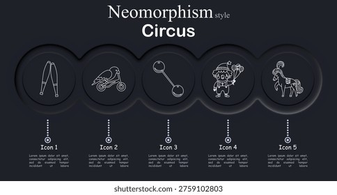 Circus set icon. Neomorphic dark interface circles with line symbols of juggling clubs, parrot bicycle act, balance baton sticks, clown performer balloons, circus horse show
