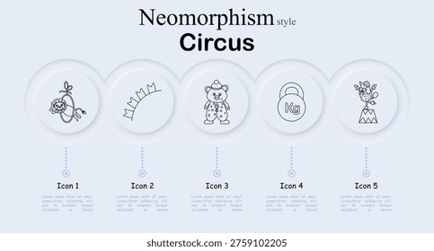 Circus set icon. Neomorphism style interface with hoop toy, striped arc shape, bear doll, kettlebell with kilogram mark, clown figure on pedestal. Soft round buttons