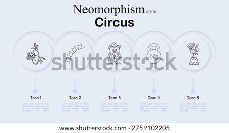 Circus set icon. Neomorphism style interface with hoop toy, striped arc shape, bear doll, kettlebell with kilogram mark, clown figure on pedestal. Soft round buttons