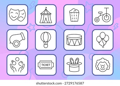 Circus set icon. Tent, mask, popcorn, tricycle, cannon, balloon, hot air balloon, drum, juggling, clown, hat, ticket, show, entertainment, fun, festival, amusement, performance, carnival, magic.