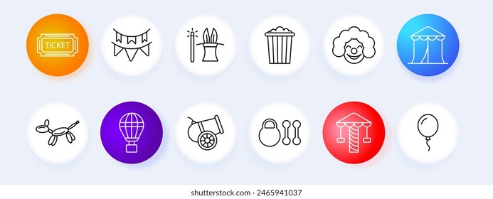 Circus set icon. Ticket, clown, balls, performance, tricks, magic, tent, popcorn, rabbit and hat, weights, athletes, carousel, cannon, streamer. Hippodrome concept