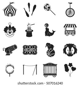 Iconos del conjunto de circos en estilo negro. Gran colección de material de símbolo vectorial de circo