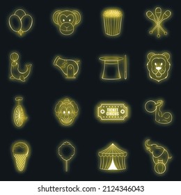 Circus set icons in neon style isolated on a black background