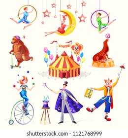 Circus set. Illustration with the image of the tent, clowns, juggler, acrobats, animals and on magician with a rabbit. Isolated vector illustration.