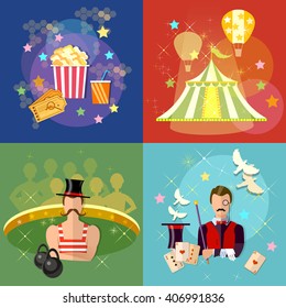 Circus set performance magician strongman circus show magic tricks vector illustration 