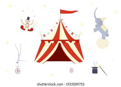 Circus set. Rabbit in the hat, gymnast in unicycle, monkey juggler, an elephant on a ball