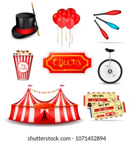 Circus set of realistic 3d icons with essential elements tickets and stripped tent images with shadows vector illustration