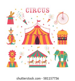 Circus set - tent, clown, game pavilion, elephant, lion, carousel, rabbit in hat. Vector illustration.