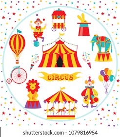 Circus set with tent, clowns, elephant, lion, balloons, bike and carousel. Vector illustration.