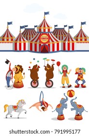 Circus set: tent, lion, bears, aerial acrobat, clowns, horse, elephants. Vector cartoon illustration on white background.