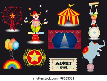 circus set. A circus set with various elements.(a clown,a tightrope Walker,a circus tent,a curtain,a ferris Wheel,an elephant....)