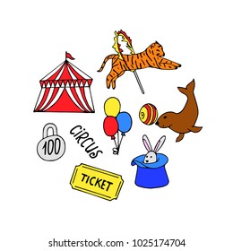 Circus set vector illustration. Doodle style. Design, print, logo, decor, textile, paper