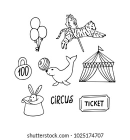 Circus set vector illustration. Doodle style. Design, print, logo, decor, textile, paper