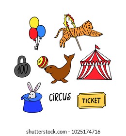 Circus set vector illustration. Doodle style. Design, print, logo, decor, textile, paper