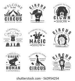 Circus set of vector vintage emblems, labels, badges and logos in monochrome style on white background. Amazing show, strong man, animals show, magic show, human cannonball,clown show design elements