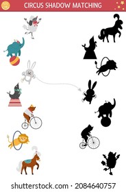 Circus shadow matching activity with cute performers. Amusement show puzzle with funny animal artists. Find correct silhouette printable worksheet. Entertainment festival page for kids
