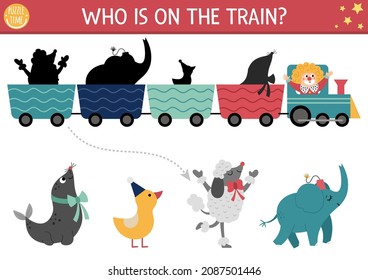 Circus shadow matching activity with cute animals on train. Amusement show puzzle with funny artists. Find correct silhouette printable worksheet. Entertainment festival page for kids
