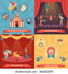 Circus show 2x2 design concept set of funny clowns entertainment and performance with trained animals strongman and acrobats flat vector illustration  