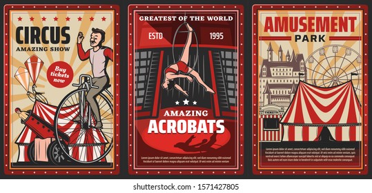 Circus Show Of Acrobats Vector Design Of Carnival Or Amusement Park Retro Posters. Circus Top Tents Or Chapiteau Marquee With Trapeze Girl, Acrobat Riding Vintage Bicycle And Rocket Man In Cannon