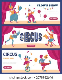 Circus show advertising banners or flyers collection with funny clowns characters, flat cartoon vector illustration. Circus clowns performance flyers set.