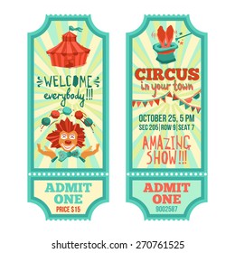 Circus show advertising paper tickets set with clown and tent isolated vector illustration