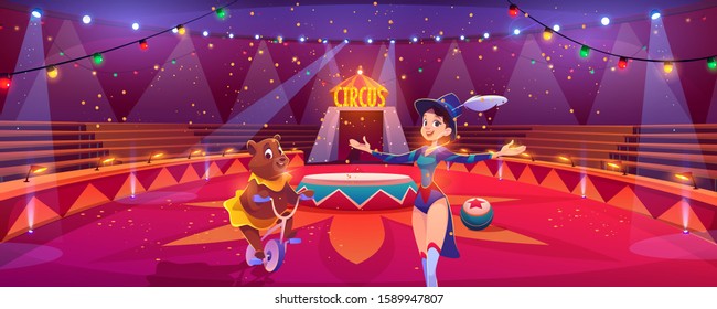 Circus show with animal handler girl with bear riding bicycle on chapiteau arena. forest predator in costume on bike showing trick. Stage performance, family entertainment. Cartoon vector illustration