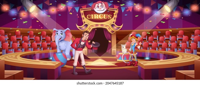 Circus show with animal handler. Trained animals performing on scene. Jester girl and tamer man on round arena with big elephant with ball and funny dog . Stage performance cartoon vector illustration