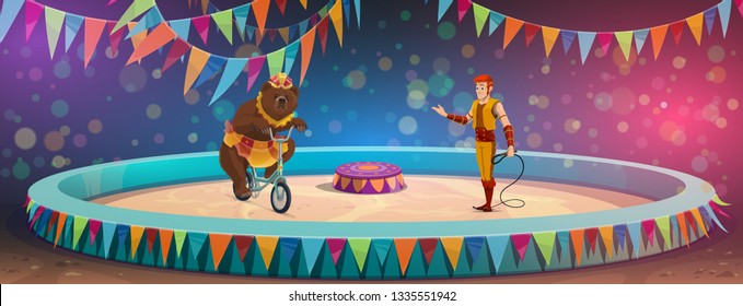 Circus show, animal handler with whip, bear on bicycle. Vector chapiteau arena, forest predator in costume on bike, man showing trick with wild mammal in skirt. Stage performance, family entertainment