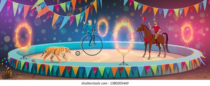 Circus show arena, acrobat equilibrist on unicycle wheel and trained animals. Vector big top circus performance horse rider or tamer and tiger with fire rings and monkey juggling balls