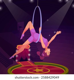 Circus show. background with girl gymnastics flying in circle hoop. vector cartoon template