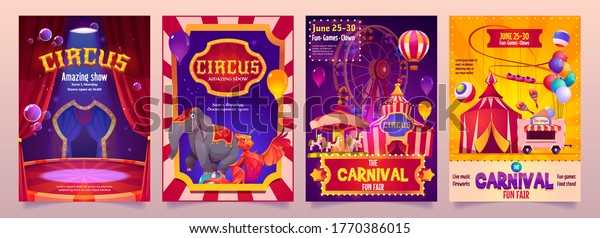 Circus show banners, big top tent carnival\
entertainment with elephant, phoenix on stage, ice cream booth and\
carousel. Invitation flyers, tickets to funfair amusement park,\
cartoon vector posters\
set