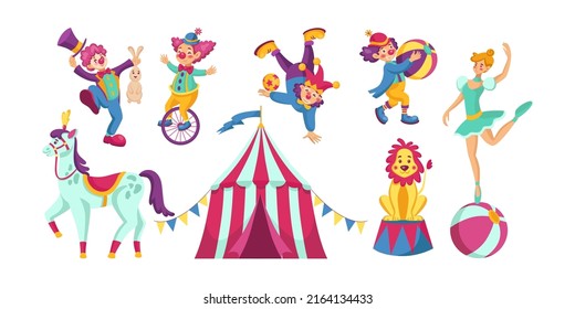 Circus show. Carnival clowns. Magician on unicycle. Fair performance. Funny conjurer. Jester and animal trainer. Acrobat tricks with balls. Horse and lion. Vector festival artists set