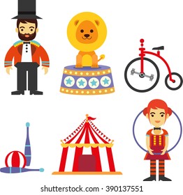 Circus Show and Carnival Icon set in vector flat style