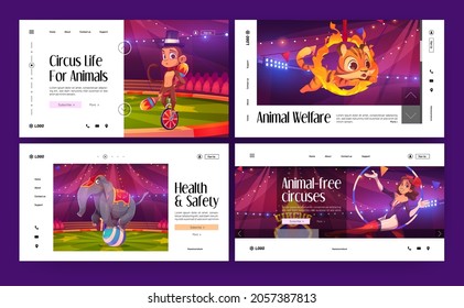 Circus show cartoon landing pages, animals and people artists on big top tent arena. Carnival entertainment with elephant, tiger, monkey and aerialist woman preform on stage, Vector web banners set