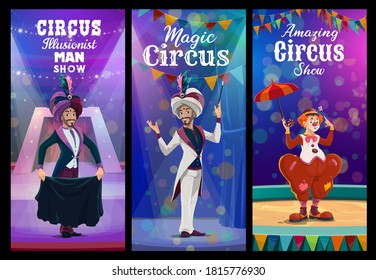 Circus show with clown and illusionist on big top arena. Vector magician and funster performing tricks. Circus magic show with clowns and illusionist, carnival amusement entertainment cartoon banners