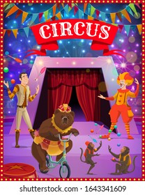 Circus show clown, juggler and trained animals. Vector cirque or carnival tent arena with performers, acrobat, bear and monkey with lights and festive bunting garland or flags - Shutterstock ID 1643341609