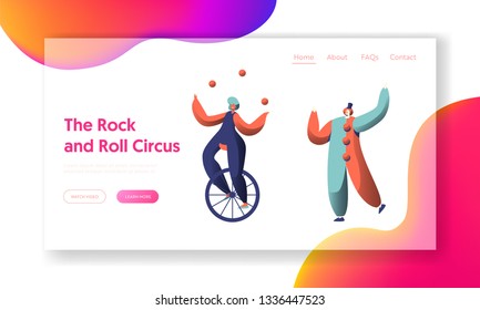 Circus Show with Clown and Unicycle Acrobat Landing Page. Woman Cyclist Juggler. Holiday Carnival Scene Show. People Character Performer Website or Web Page. Flat Cartoon Vector Illustration