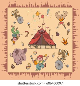 Circus show. Clowns, athletes, acrobats. Trained animals in the arena of the circus. Elephants and monkeys. Fireworks over the circus tent, vector illustration