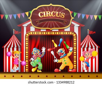 Circus show with clowns and cheerleader on the stage arena