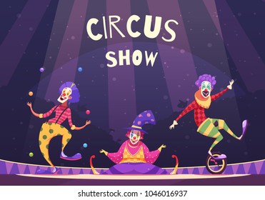 Circus show with clowns on arena including juggler, comedian, performer on unicycle, on purple background vector illustration