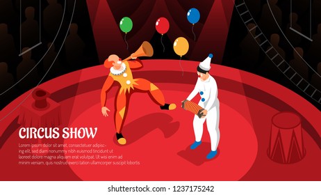 Circus show with clowns performance in rays of spotlight isometric horizontal vector illustration